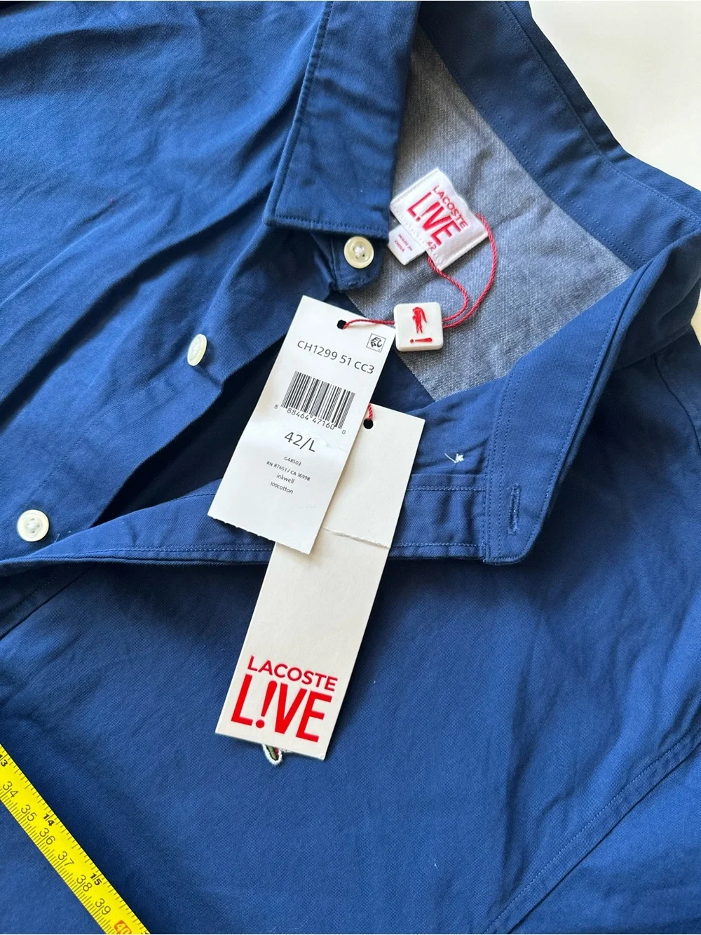 Lacoste L!VE Inkwell Blue Cotton Long Sleeve Button Down Shirt NWT 42 L Slim